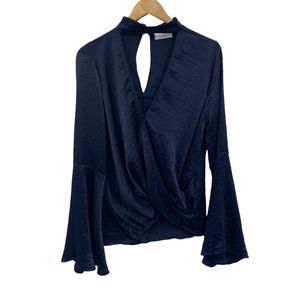 Sage dark blue dressy blouse flared sleeves